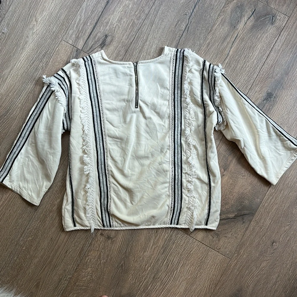 Anthropologie Eri & Ali Top Fringe Trim Black Cream Blouse Women Size Medium - Picture 8 of 12